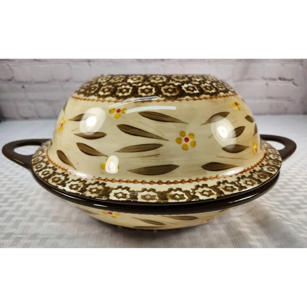 Set 2 Temptations By TARA Old World Brown Yellow Pie Dish & Lid / Serving Bowl
